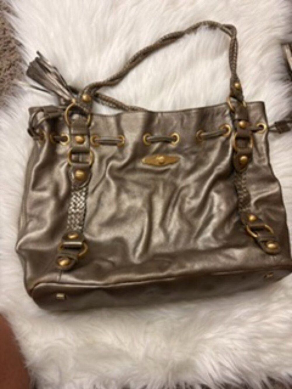 Elliott Lucca Metallic Bronze Leather Drawstring Tote Braided Handles Tassels